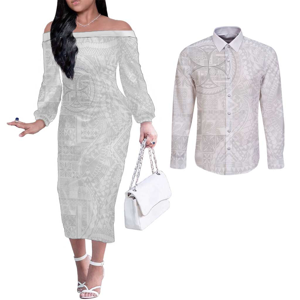 Samoan Culture-Lotu Tamaiti Couples Matching Off The Shoulder Long Sleeve Dress and Long Sleeve Button Shirt Siapo and Polynesian Art Tattoos LT03 White - Polynesian Pride