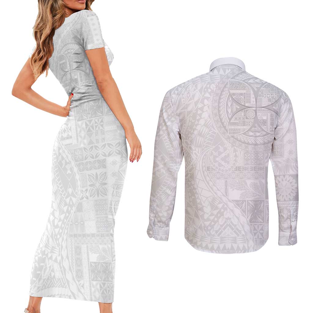 Samoan Culture-Lotu Tamaiti Couples Matching Short Sleeve Bodycon Dress and Long Sleeve Button Shirt Siapo and Polynesian Art Tattoos - Polynesian Pride