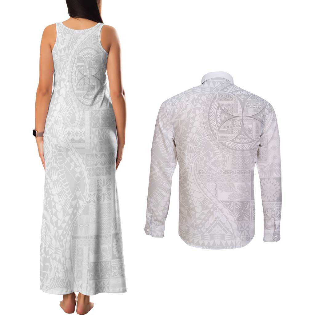 Samoan Culture-Lotu Tamaiti Couples Matching Tank Maxi Dress and Long Sleeve Button Shirt Siapo and Polynesian Art Tattoos - Polynesian Pride