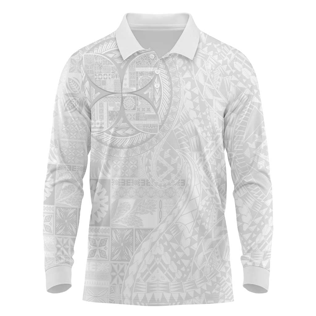 Samoan Culture-Lotu Tamaiti Long Sleeve Polo Shirt Siapo and Polynesian Art Tattoos LT03 White - Polynesian Pride