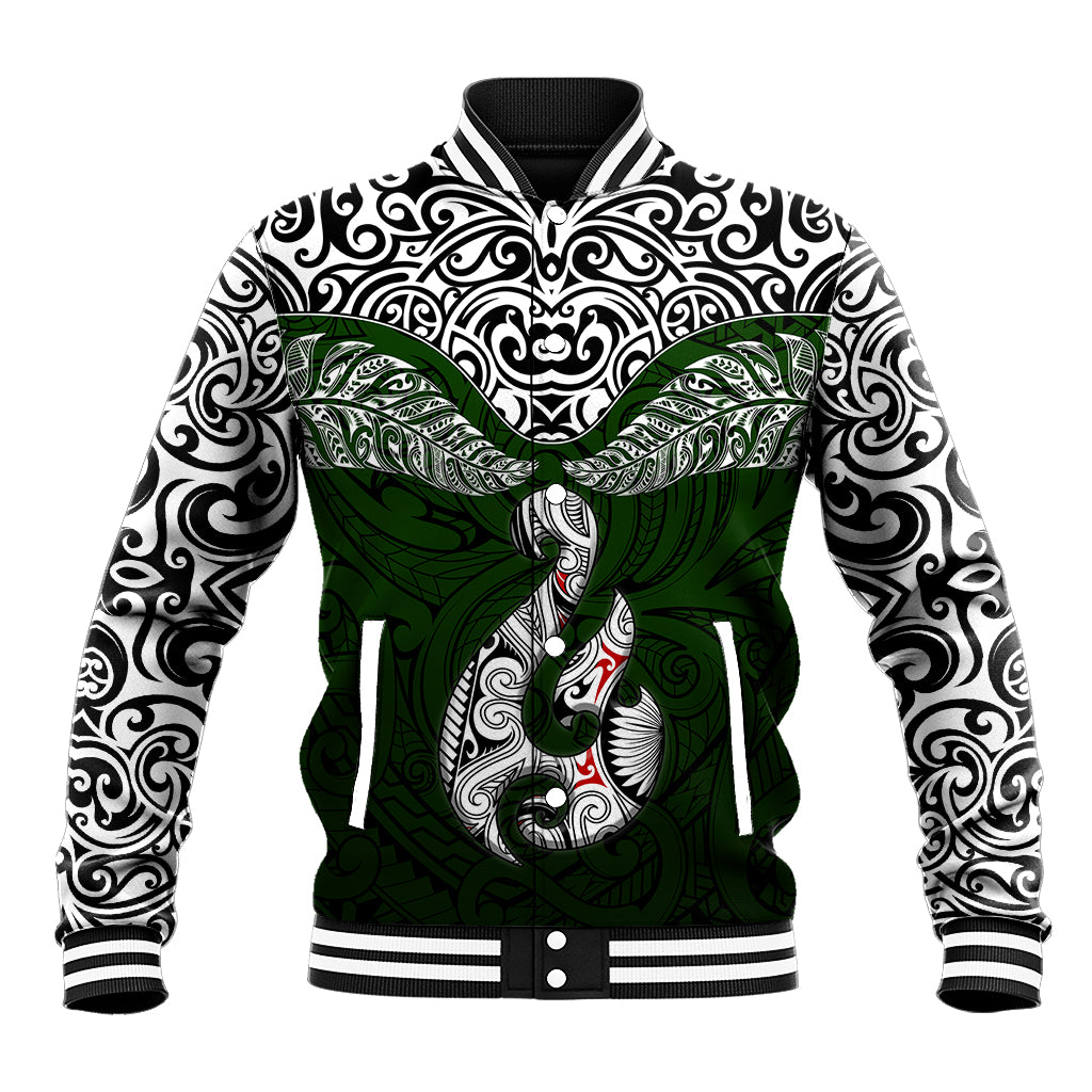 Aotearoa New Zealand Baseball Jacket Silver Fern and Matau with Maori Tribal Green Style LT03 Unisex Green - Polynesian Pride