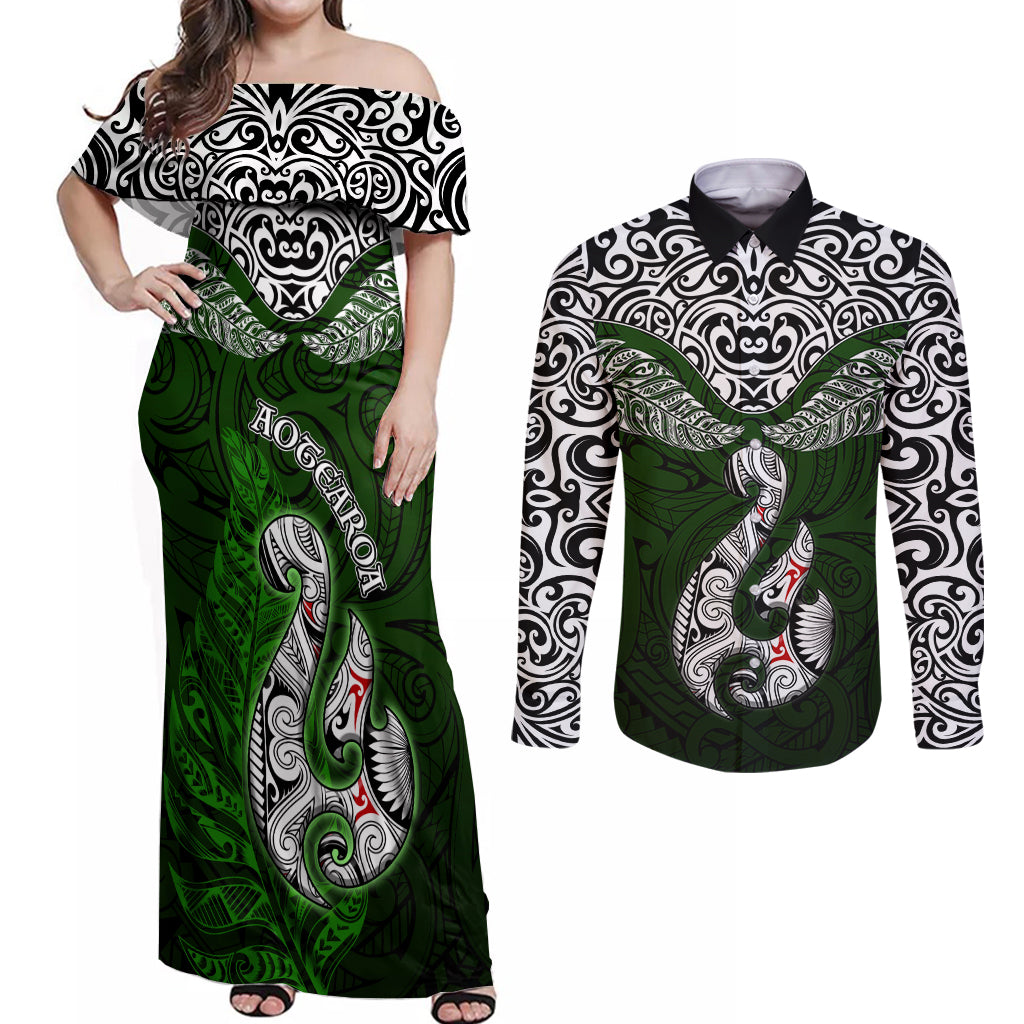 Aotearoa New Zealand Couples Matching Off Shoulder Maxi Dress and Long Sleeve Button Shirts Silver Fern and Matau with Maori Tribal Green Style LT03 Green - Polynesian Pride