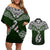 Aotearoa New Zealand Couples Matching Off Shoulder Short Dress and Hawaiian Shirt Silver Fern and Matau with Maori Tribal Green Style LT03 Green - Polynesian Pride