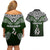 Aotearoa New Zealand Couples Matching Off Shoulder Short Dress and Hawaiian Shirt Silver Fern and Matau with Maori Tribal Green Style LT03 - Polynesian Pride