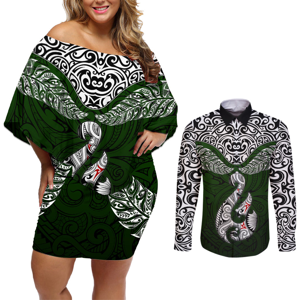 Aotearoa New Zealand Couples Matching Off Shoulder Short Dress and Long Sleeve Button Shirts Silver Fern and Matau with Maori Tribal Green Style LT03 Green - Polynesian Pride