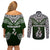 Aotearoa New Zealand Couples Matching Off Shoulder Short Dress and Long Sleeve Button Shirts Silver Fern and Matau with Maori Tribal Green Style LT03 - Polynesian Pride