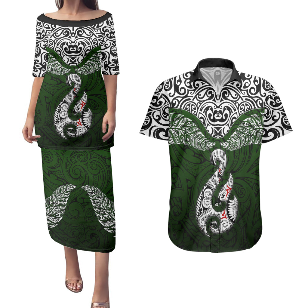 Aotearoa New Zealand Couples Matching Puletasi Dress and Hawaiian Shirt Silver Fern and Matau with Maori Tribal Green Style LT03 Green - Polynesian Pride