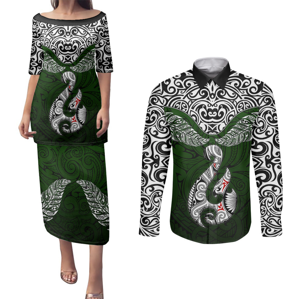 Aotearoa New Zealand Couples Matching Puletasi Dress and Long Sleeve Button Shirts Silver Fern and Matau with Maori Tribal Green Style LT03 Green - Polynesian Pride