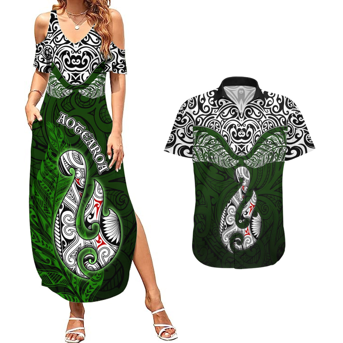 Aotearoa New Zealand Couples Matching Summer Maxi Dress and Hawaiian Shirt Silver Fern and Matau with Maori Tribal Green Style LT03 Green - Polynesian Pride