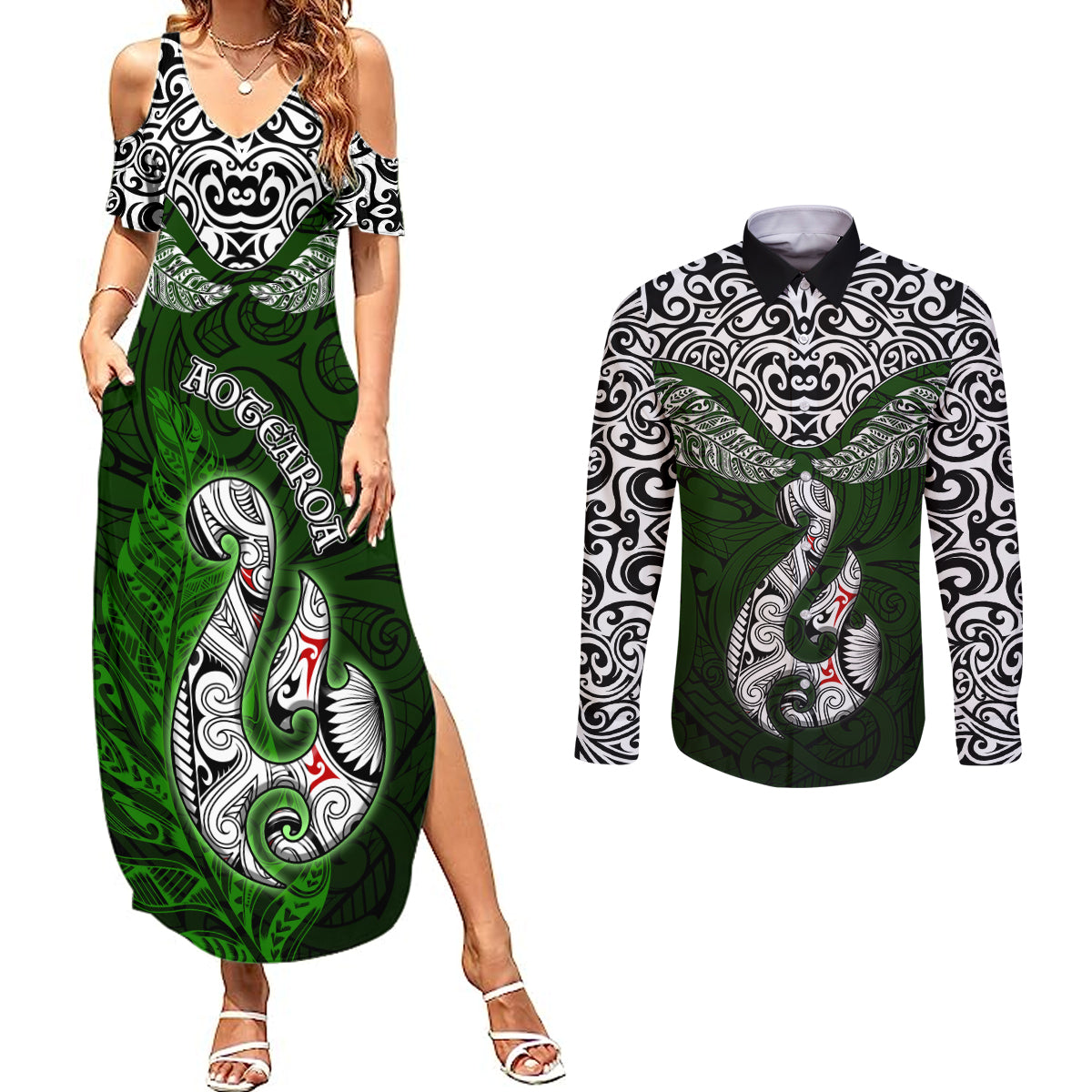 Aotearoa New Zealand Couples Matching Summer Maxi Dress and Long Sleeve Button Shirts Silver Fern and Matau with Maori Tribal Green Style LT03 Green - Polynesian Pride