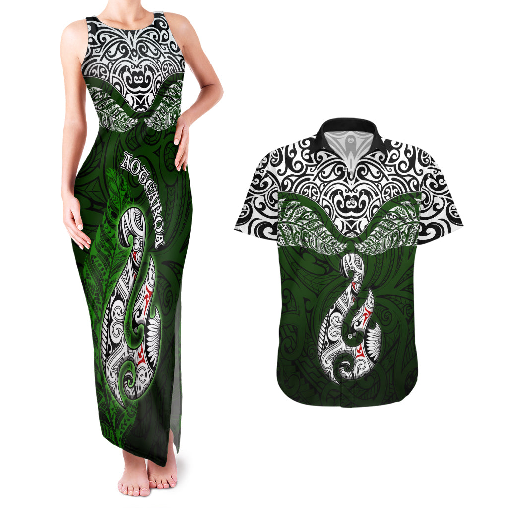 Aotearoa New Zealand Couples Matching Tank Maxi Dress and Hawaiian Shirt Silver Fern and Matau with Maori Tribal Green Style LT03 Green - Polynesian Pride