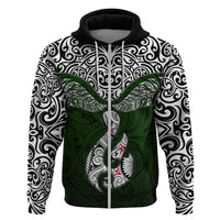 Aotearoa New Zealand Hoodie Silver Fern and Matau with Maori Tribal Green Style LT03 Zip Hoodie Green - Polynesian Pride