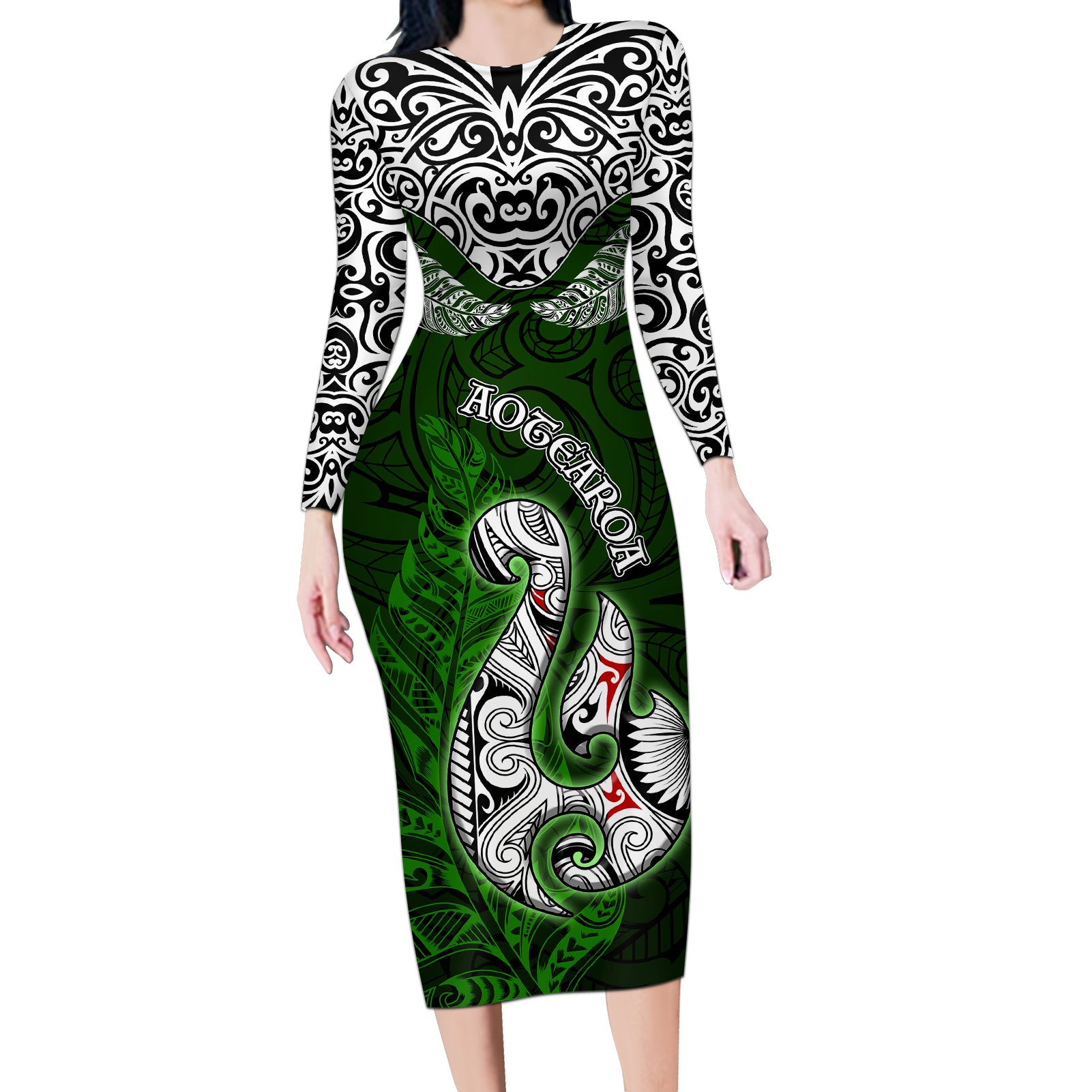 Aotearoa New Zealand Long Sleeve Bodycon Dress Silver Fern and Matau with Maori Tribal Green Style LT03 Long Dress Green - Polynesian Pride