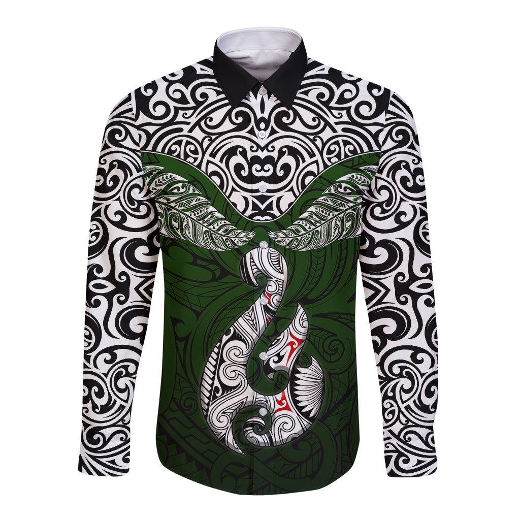 Aotearoa New Zealand Long Sleeve Button Shirt Silver Fern and Matau with Maori Tribal Green Style LT03 Unisex Green - Polynesian Pride