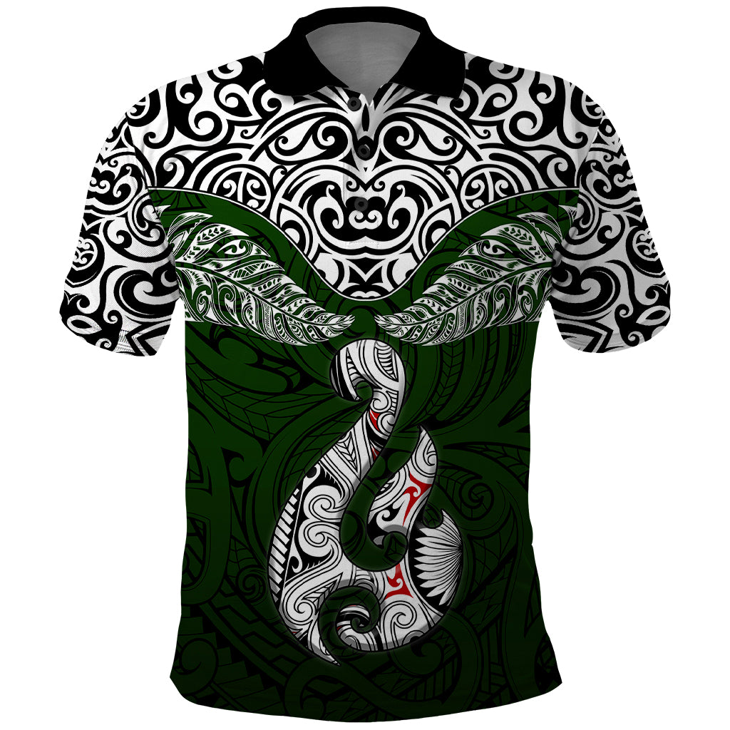 Aotearoa New Zealand Polo Shirt Silver Fern and Matau with Maori Tribal Green Style LT03 Green - Polynesian Pride