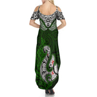 Aotearoa New Zealand Summer Maxi Dress Silver Fern and Matau with Maori Tribal Green Style LT03 - Polynesian Pride
