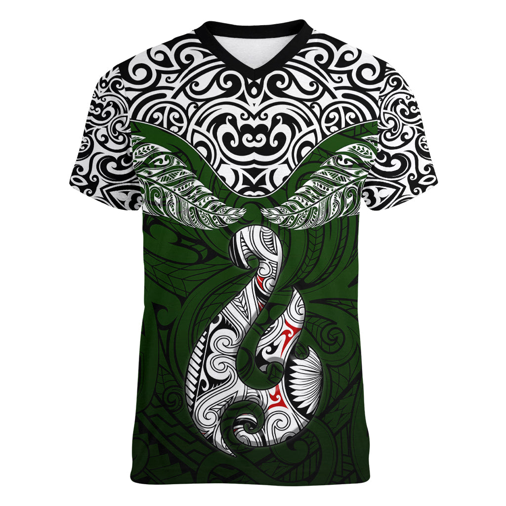 Aotearoa New Zealand Women V Neck T Shirt Silver Fern and Matau with Maori Tribal Green Style LT03 Female Green - Polynesian Pride