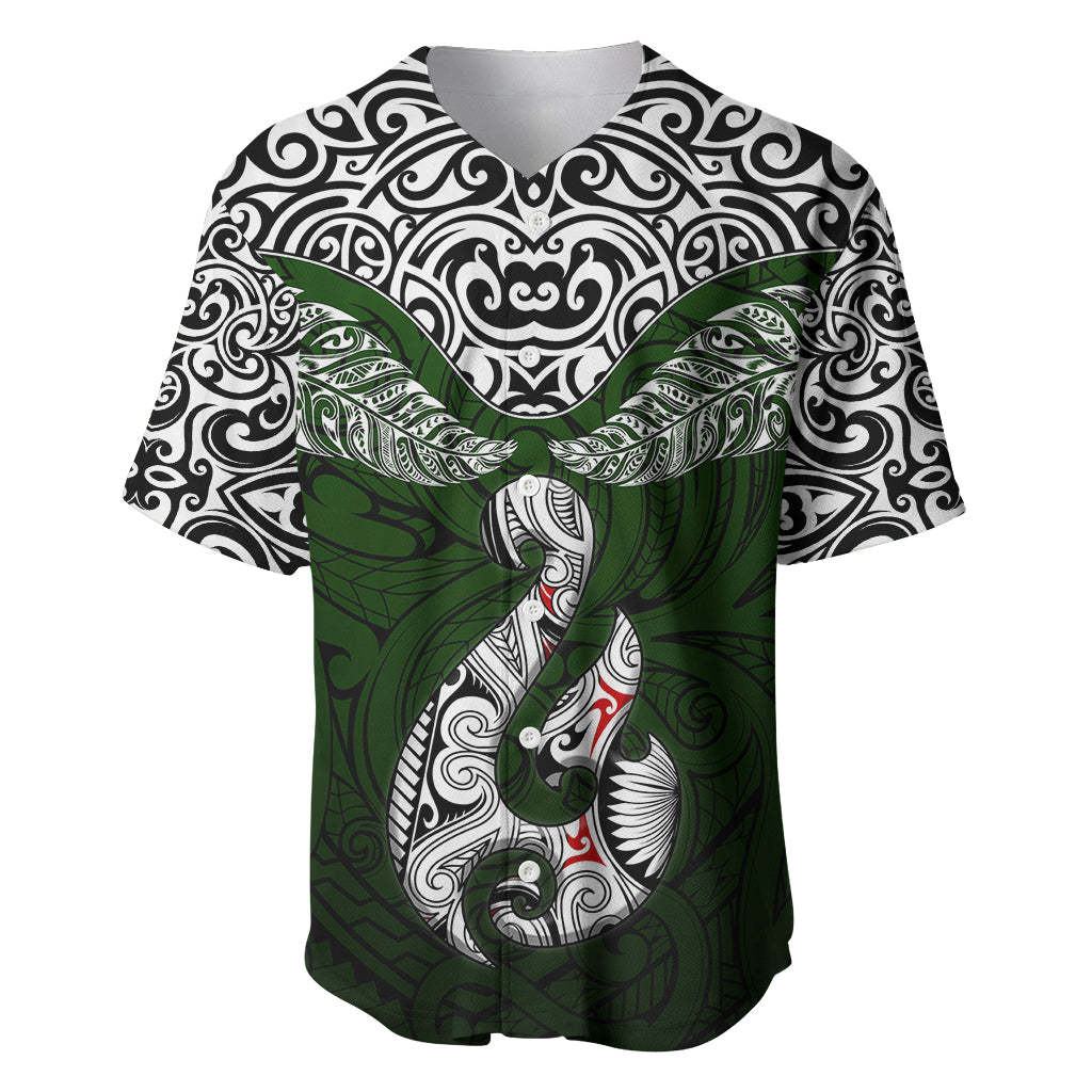 Custom Aotearoa New Zealand Baseball Jersey Silver Fern and Matau with Maori Tribal Green Style LT03 Green - Polynesian Pride