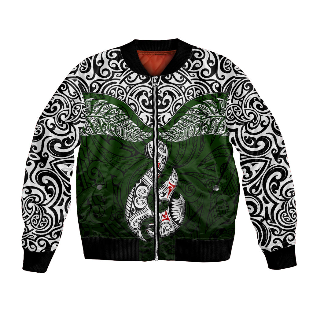 Custom Aotearoa New Zealand Bomber Jacket Silver Fern and Matau with Maori Tribal Green Style LT03 Unisex Green - Polynesian Pride