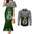 Custom Aotearoa New Zealand Couples Matching Mermaid Dress and Long Sleeve Button Shirts Silver Fern and Matau with Maori Tribal Green Style LT03 Green - Polynesian Pride