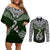 Custom Aotearoa New Zealand Couples Matching Off Shoulder Short Dress and Long Sleeve Button Shirts Silver Fern and Matau with Maori Tribal Green Style LT03 Green - Polynesian Pride