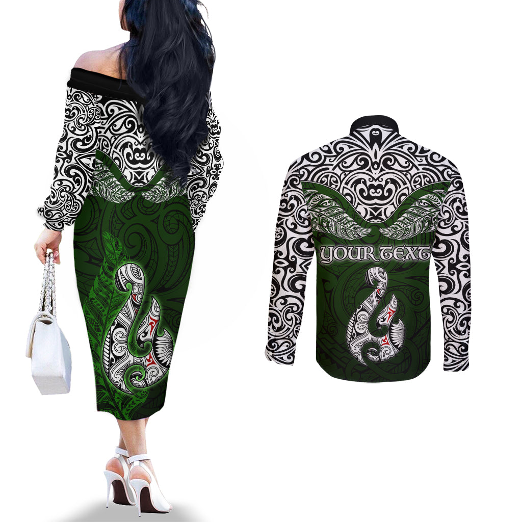 Custom Aotearoa New Zealand Couples Matching Off The Shoulder Long Sleeve Dress and Long Sleeve Button Shirts Silver Fern and Matau with Maori Tribal Green Style LT03 - Polynesian Pride