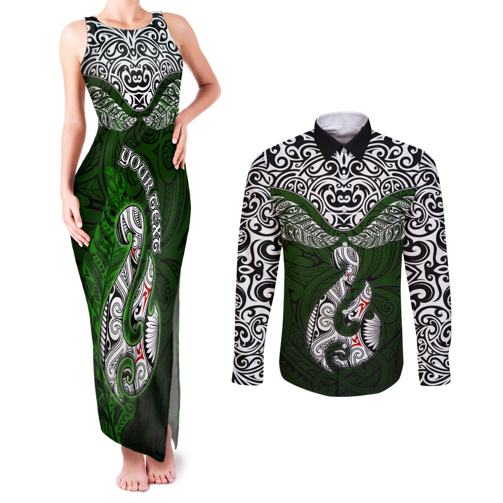 Custom Aotearoa New Zealand Couples Matching Tank Maxi Dress and Long Sleeve Button Shirts Silver Fern and Matau with Maori Tribal Green Style LT03 Green - Polynesian Pride