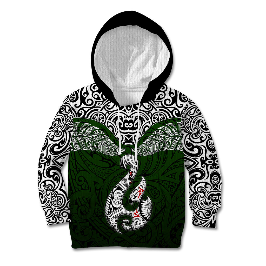 Custom Aotearoa New Zealand Kid Hoodie Silver Fern and Matau with Maori Tribal Green Style LT03 Green - Polynesian Pride