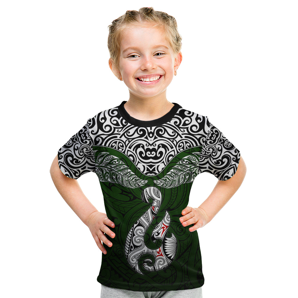 Custom Aotearoa New Zealand Kid T Shirt Silver Fern and Matau with Maori Tribal Green Style LT03 Green - Polynesian Pride