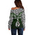 Custom Aotearoa New Zealand Off Shoulder Sweater Silver Fern and Matau with Maori Tribal Green Style LT03 - Polynesian Pride