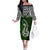 Custom Aotearoa New Zealand Off The Shoulder Long Sleeve Dress Silver Fern and Matau with Maori Tribal Green Style LT03 Women Green - Polynesian Pride