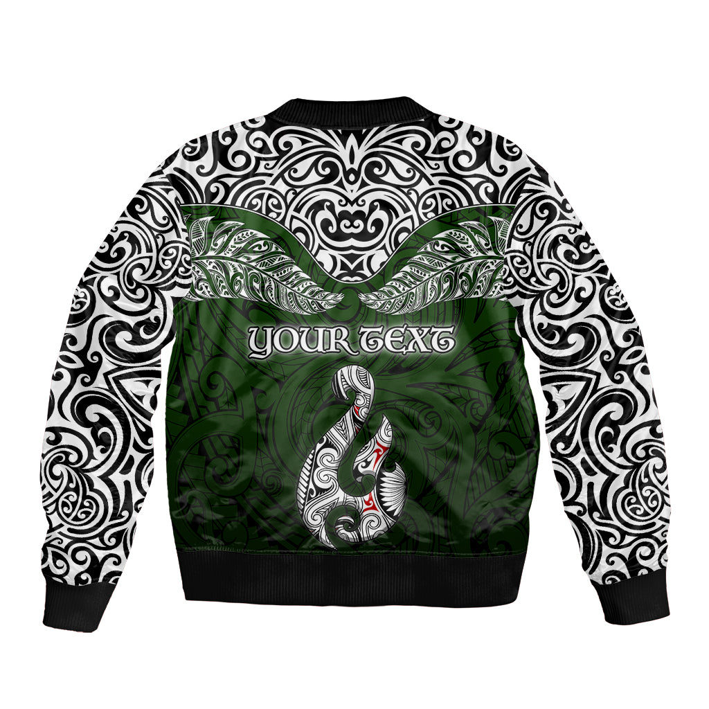 Custom Aotearoa New Zealand Sleeve Zip Bomber Jacket Silver Fern and Matau with Maori Tribal Green Style LT03 - Polynesian Pride