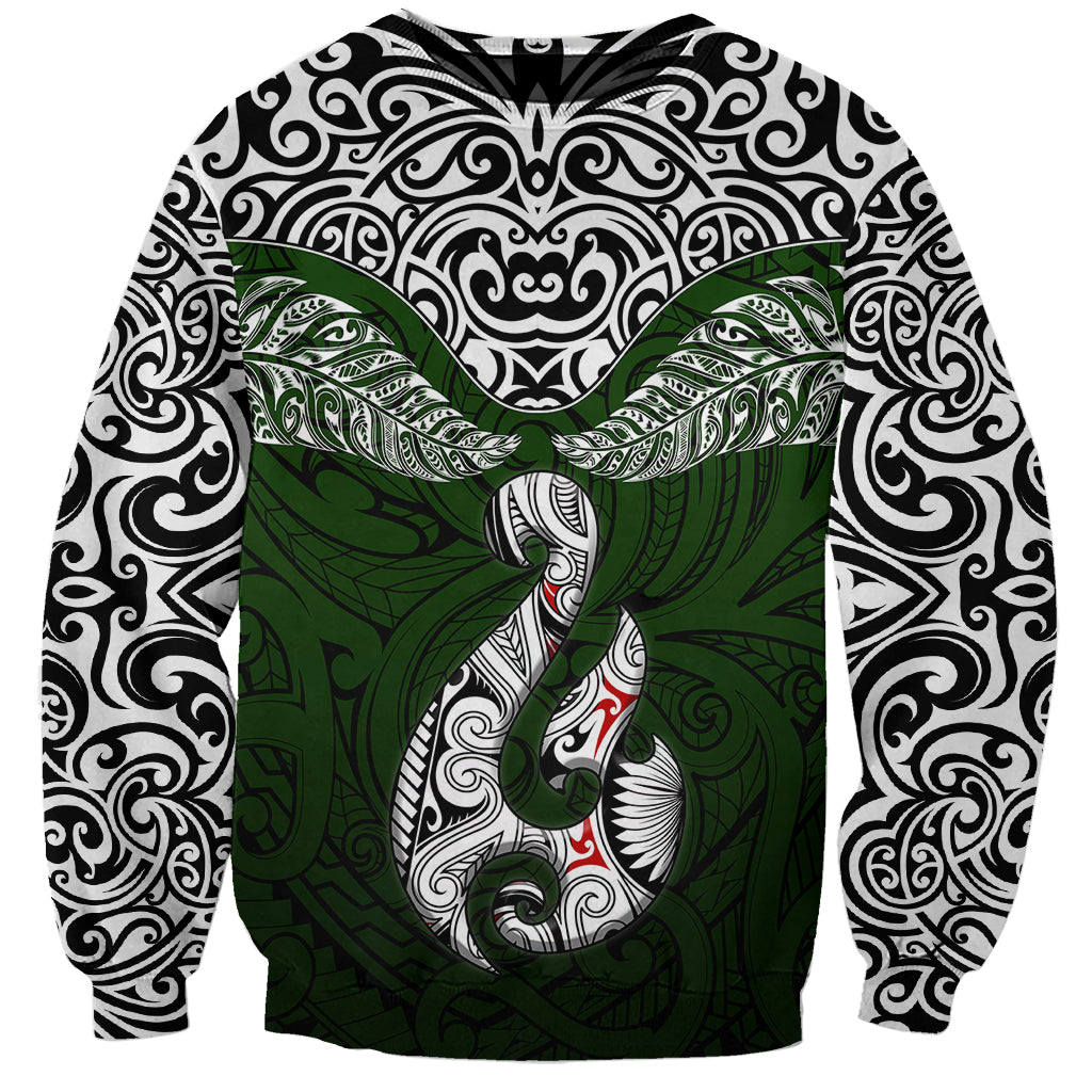 Custom Aotearoa New Zealand Sweatshirt Silver Fern and Matau with Maori Tribal Green Style LT03 Unisex Green - Polynesian Pride