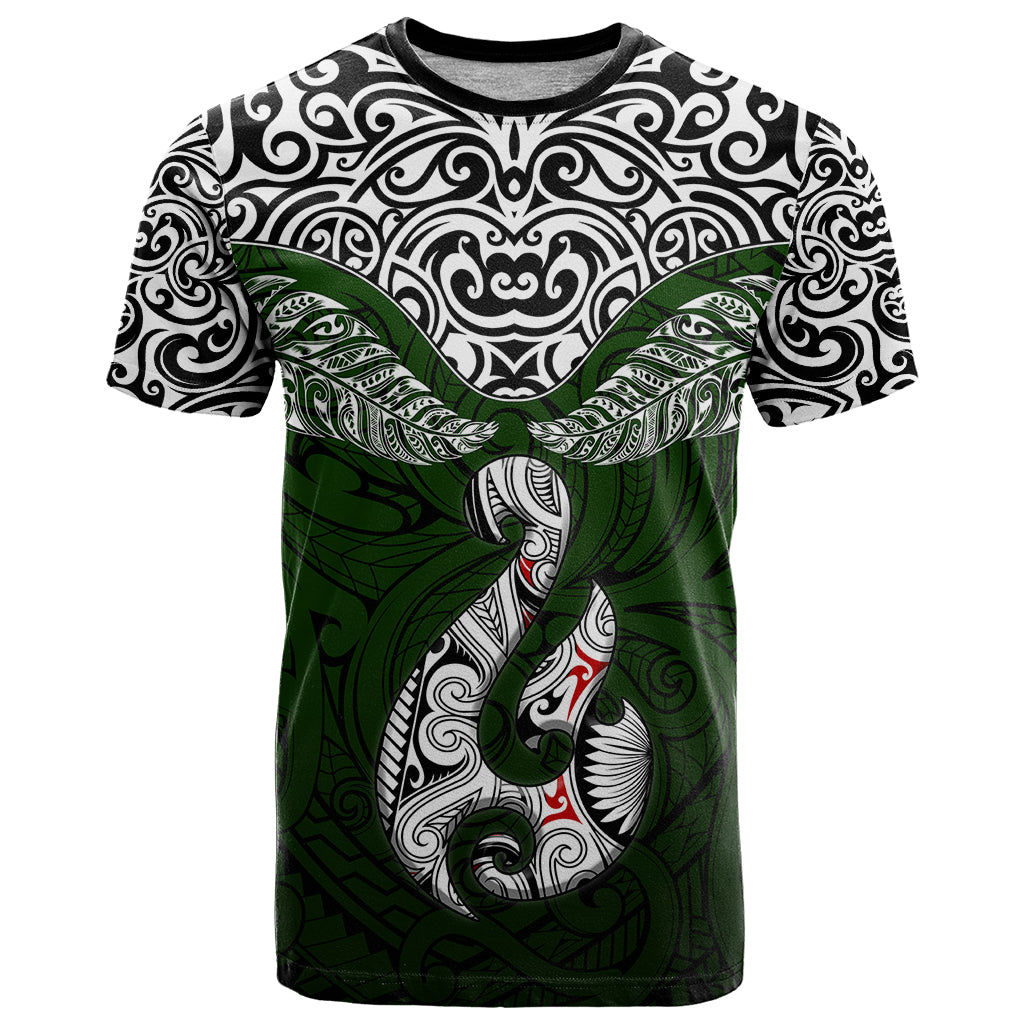 Custom Aotearoa New Zealand T Shirt Silver Fern and Matau with Maori Tribal Green Style LT03 Green - Polynesian Pride