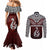 Aotearoa New Zealand Couples Matching Mermaid Dress and Long Sleeve Button Shirts Silver Fern and Matau with Maori Tribal Red Style LT03 - Polynesian Pride