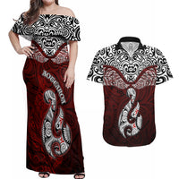 Aotearoa New Zealand Couples Matching Off Shoulder Maxi Dress and Hawaiian Shirt Silver Fern and Matau with Maori Tribal Red Style LT03 Red - Polynesian Pride