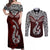 Aotearoa New Zealand Couples Matching Off Shoulder Maxi Dress and Long Sleeve Button Shirts Silver Fern and Matau with Maori Tribal Red Style LT03 Red - Polynesian Pride