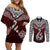 Aotearoa New Zealand Couples Matching Off Shoulder Short Dress and Long Sleeve Button Shirts Silver Fern and Matau with Maori Tribal Red Style LT03 Red - Polynesian Pride