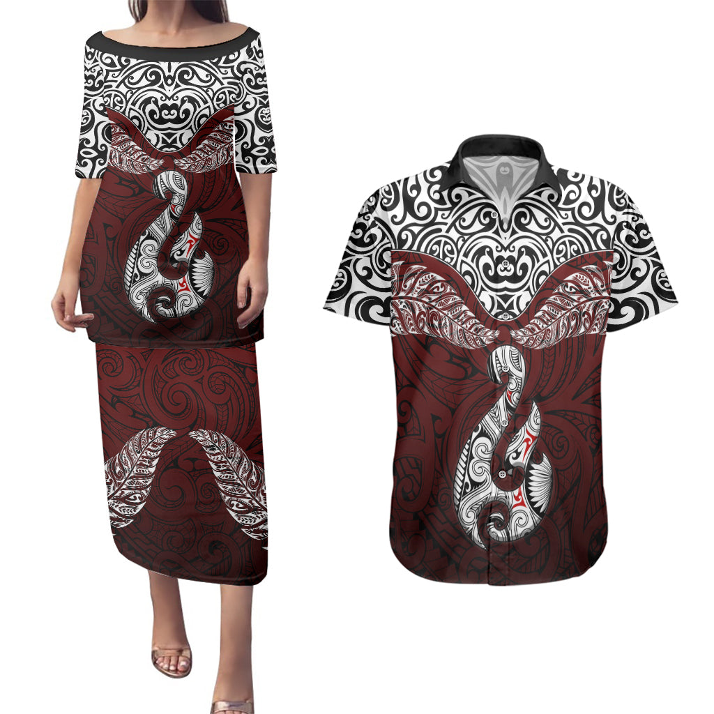 Aotearoa New Zealand Couples Matching Puletasi Dress and Hawaiian Shirt Silver Fern and Matau with Maori Tribal Red Style LT03 Red - Polynesian Pride