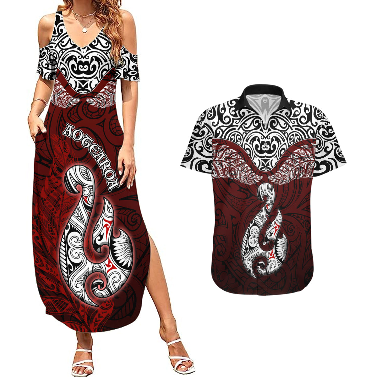 Aotearoa New Zealand Couples Matching Summer Maxi Dress and Hawaiian Shirt Silver Fern and Matau with Maori Tribal Red Style LT03 Red - Polynesian Pride