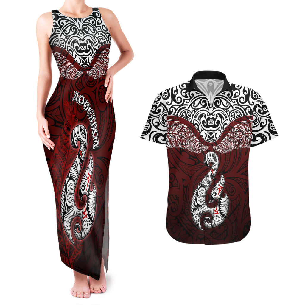 Aotearoa New Zealand Couples Matching Tank Maxi Dress and Hawaiian Shirt Silver Fern and Matau with Maori Tribal Red Style LT03 Red - Polynesian Pride