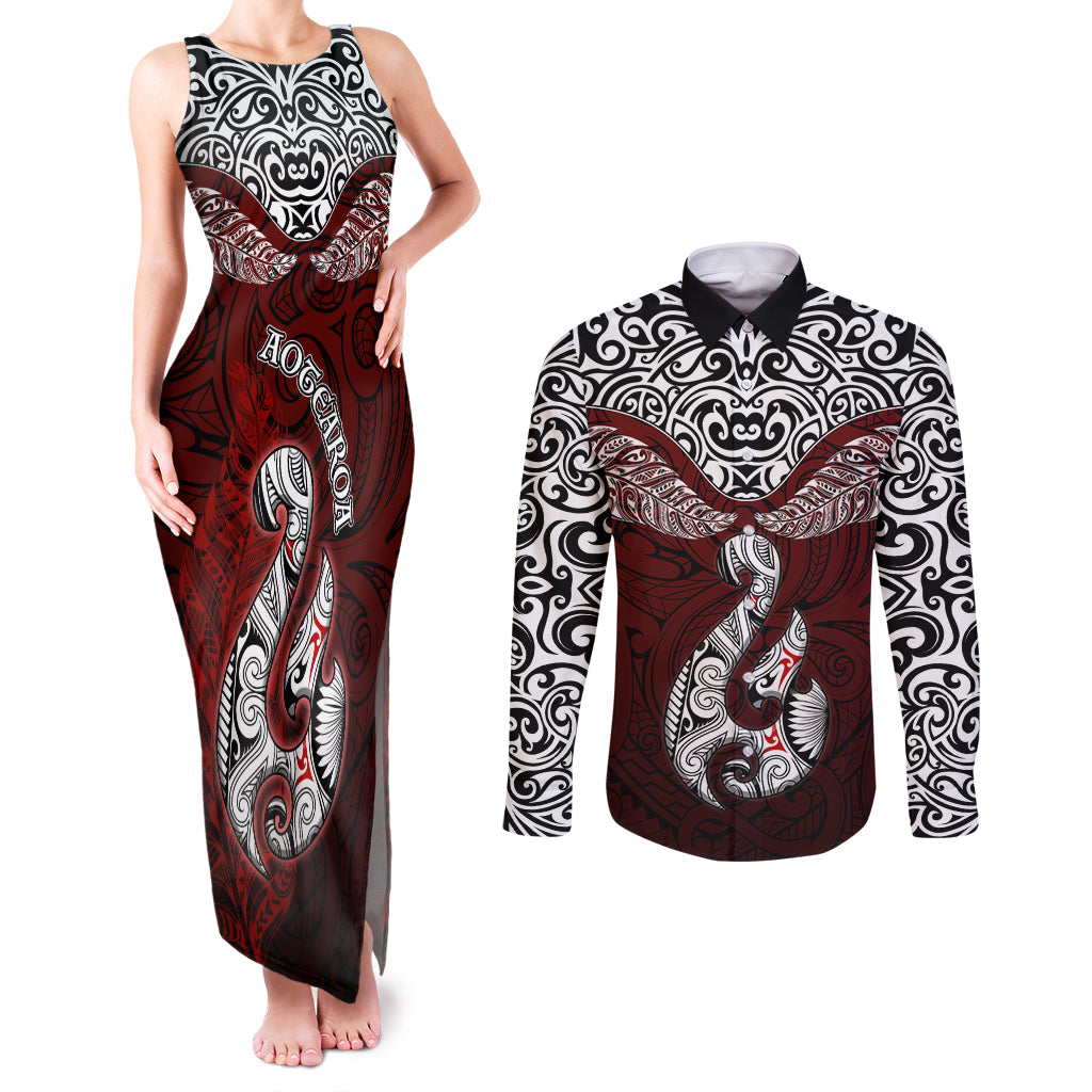 Aotearoa New Zealand Couples Matching Tank Maxi Dress and Long Sleeve Button Shirts Silver Fern and Matau with Maori Tribal Red Style LT03 Red - Polynesian Pride