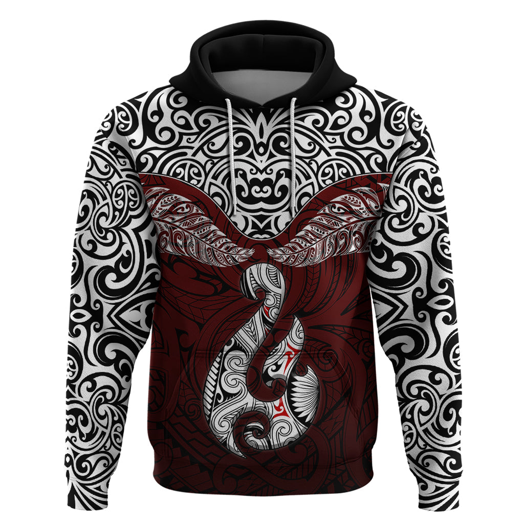 Aotearoa New Zealand Hoodie Silver Fern and Matau with Maori Tribal Red Style LT03 Pullover Hoodie Red - Polynesian Pride