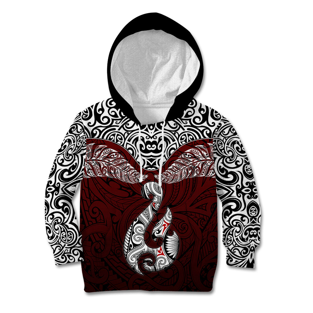 Aotearoa New Zealand Kid Hoodie Silver Fern and Matau with Maori Tribal Red Style LT03 Red - Polynesian Pride