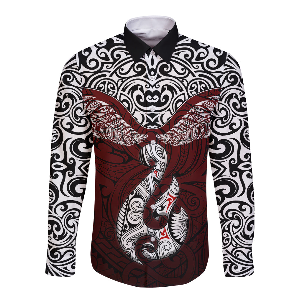 Aotearoa New Zealand Long Sleeve Button Shirt Silver Fern and Matau with Maori Tribal Red Style LT03 Unisex Red - Polynesian Pride