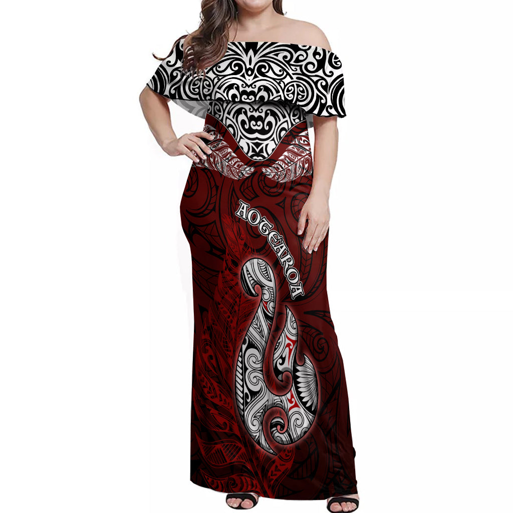 Aotearoa New Zealand Off Shoulder Maxi Dress Silver Fern and Matau with Maori Tribal Red Style LT03 Women Red - Polynesian Pride