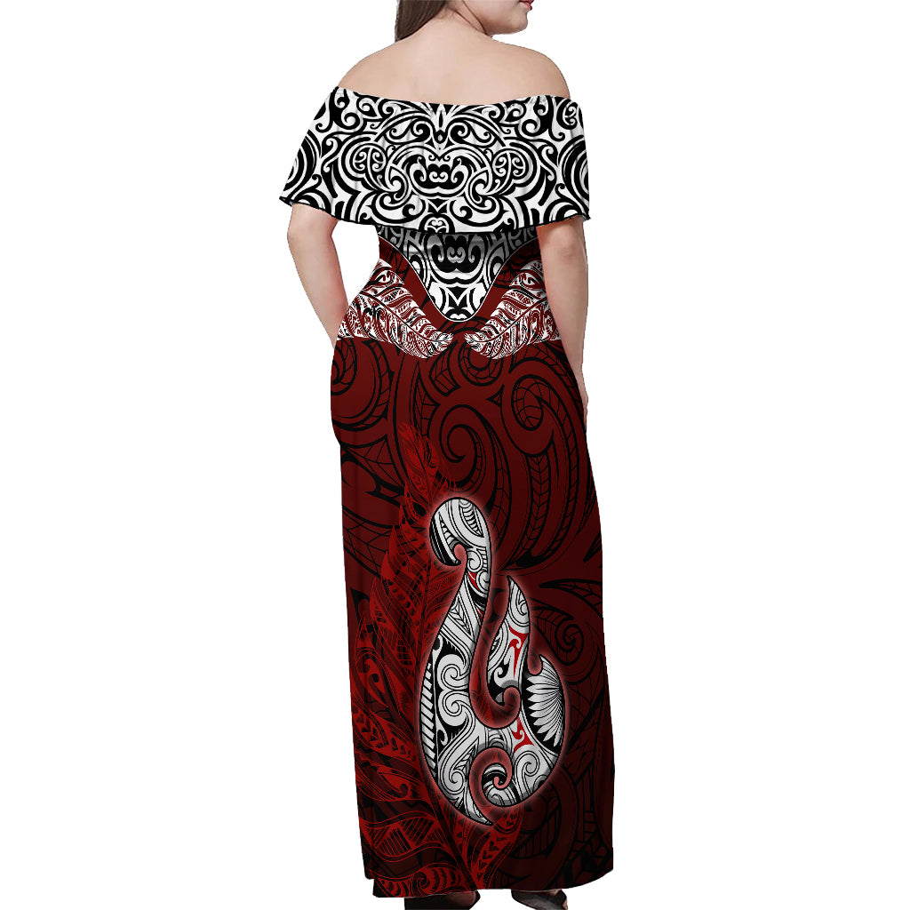 Aotearoa New Zealand Off Shoulder Maxi Dress Silver Fern and Matau with Maori Tribal Red Style LT03 - Polynesian Pride