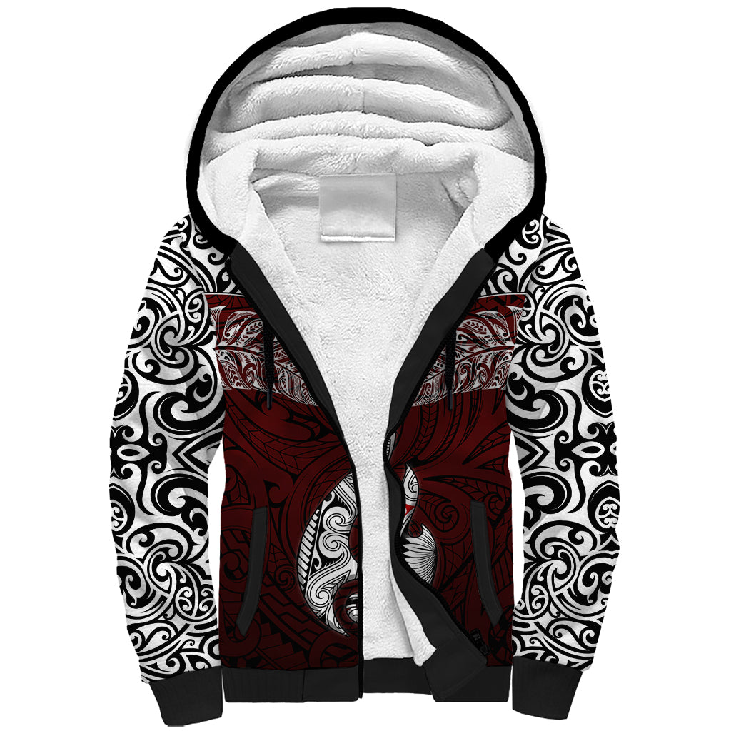 Aotearoa New Zealand Sherpa Hoodie Silver Fern and Matau with Maori Tribal Red Style LT03 Unisex Red - Polynesian Pride