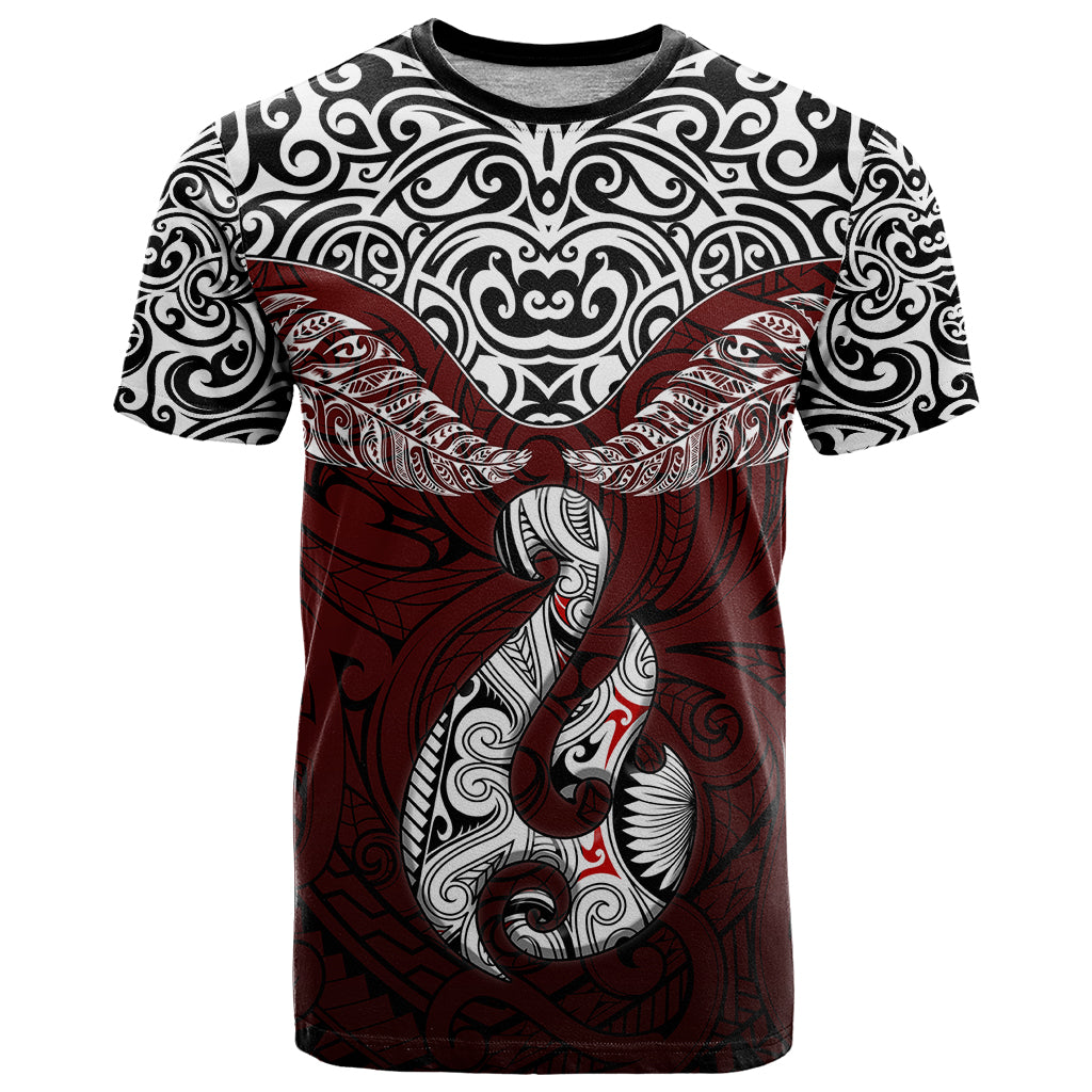 Aotearoa New Zealand T Shirt Silver Fern and Matau with Maori Tribal Red Style LT03 Red - Polynesian Pride