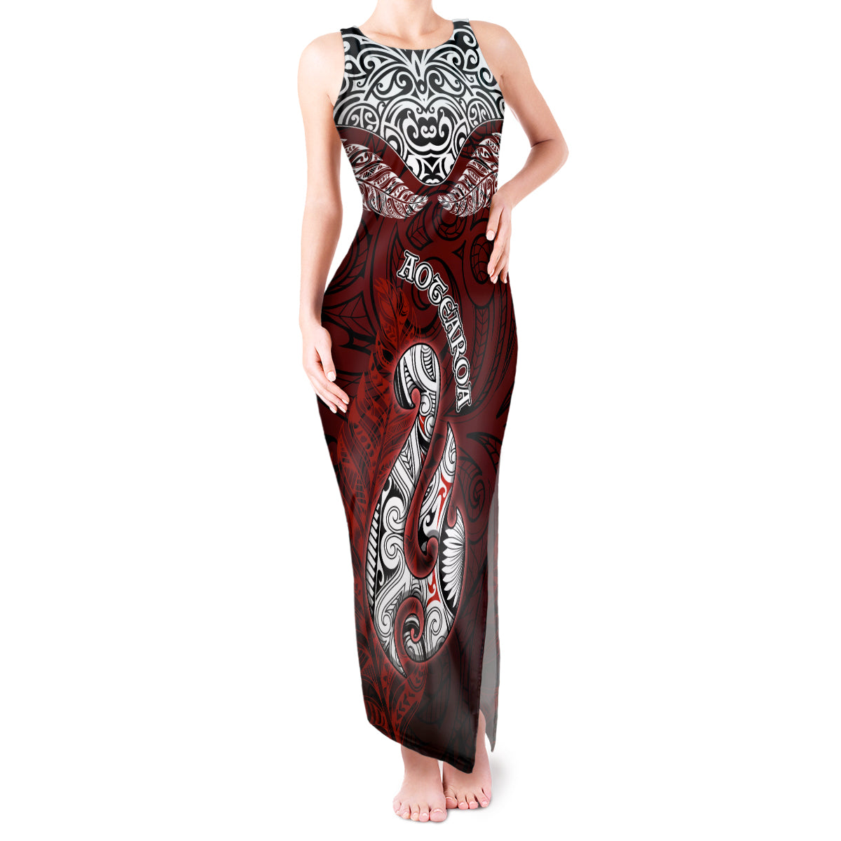 Aotearoa New Zealand Tank Maxi Dress Silver Fern and Matau with Maori Tribal Red Style LT03 Women Red - Polynesian Pride